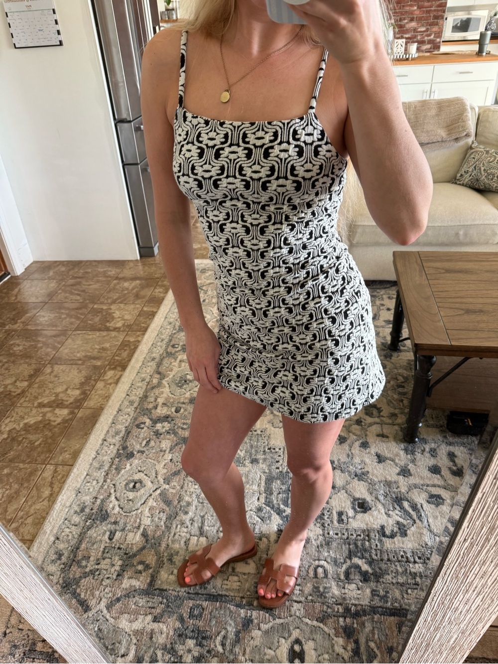 Black & White Patterned Spaghetti-Strap Mini Dress